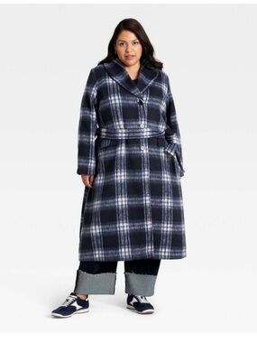 Ava & Viv Navy Plaid Belted Pea Coat